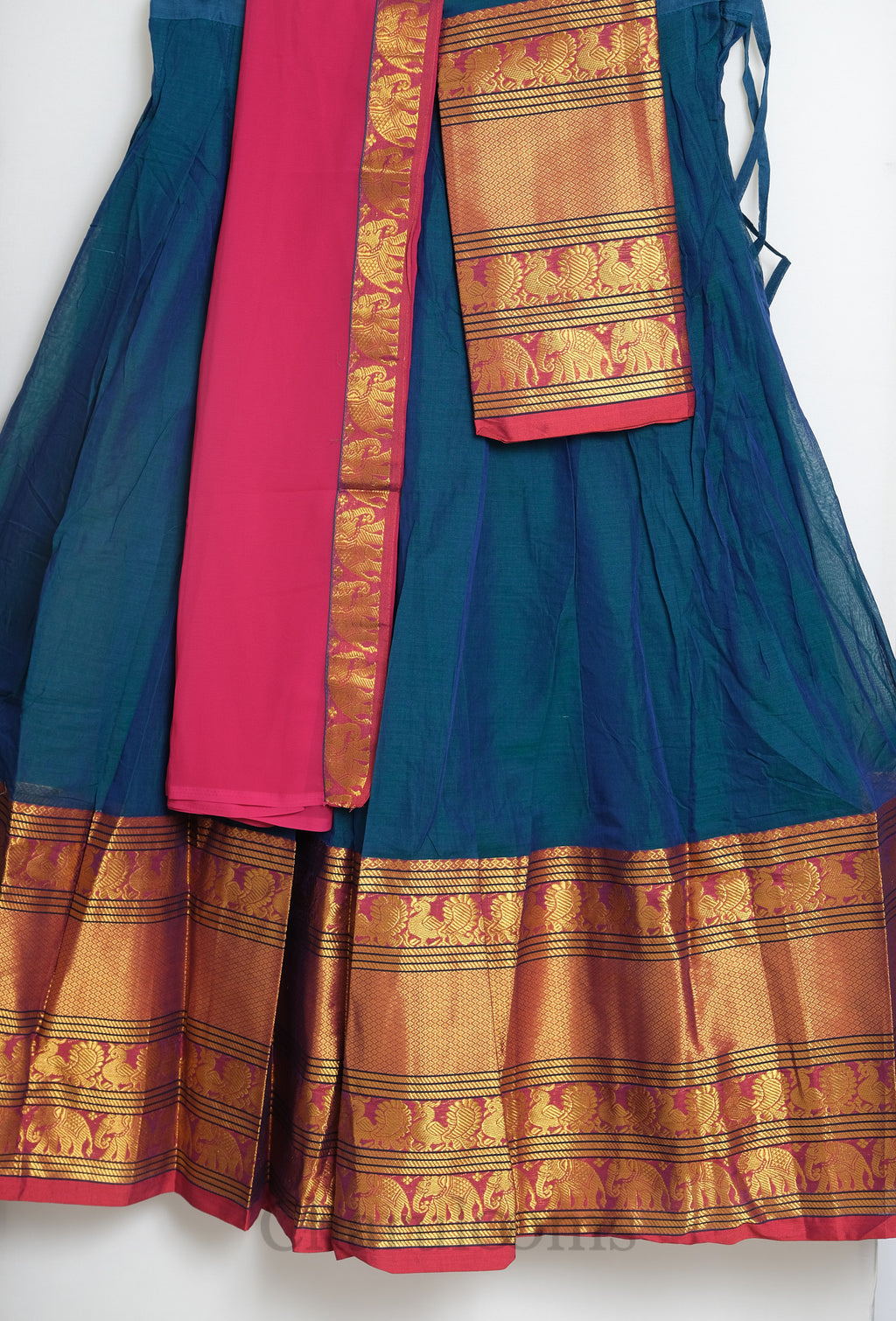 Teal & Pink Narayanpet Cotton Dhavani Set