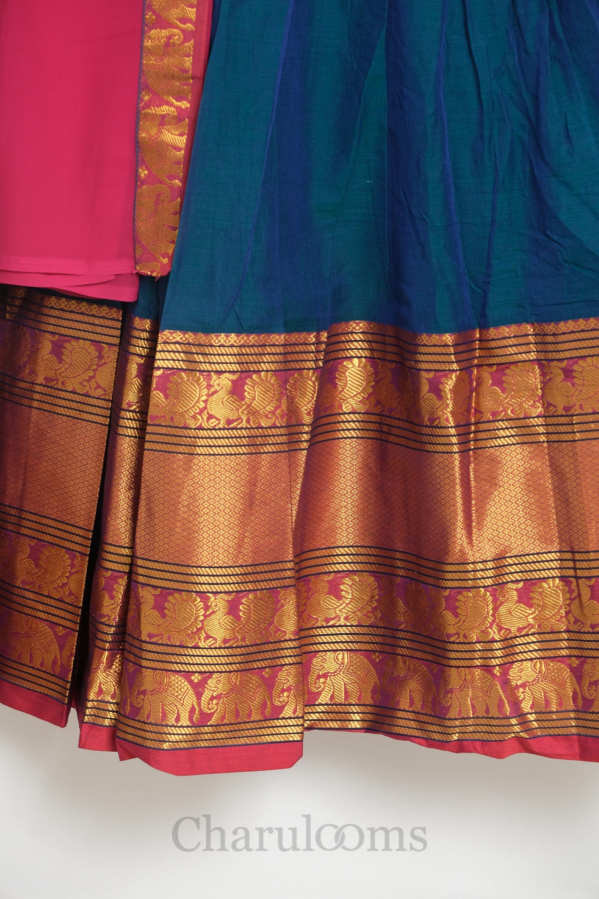 Teal & Pink Narayanpet Cotton Dhavani Set