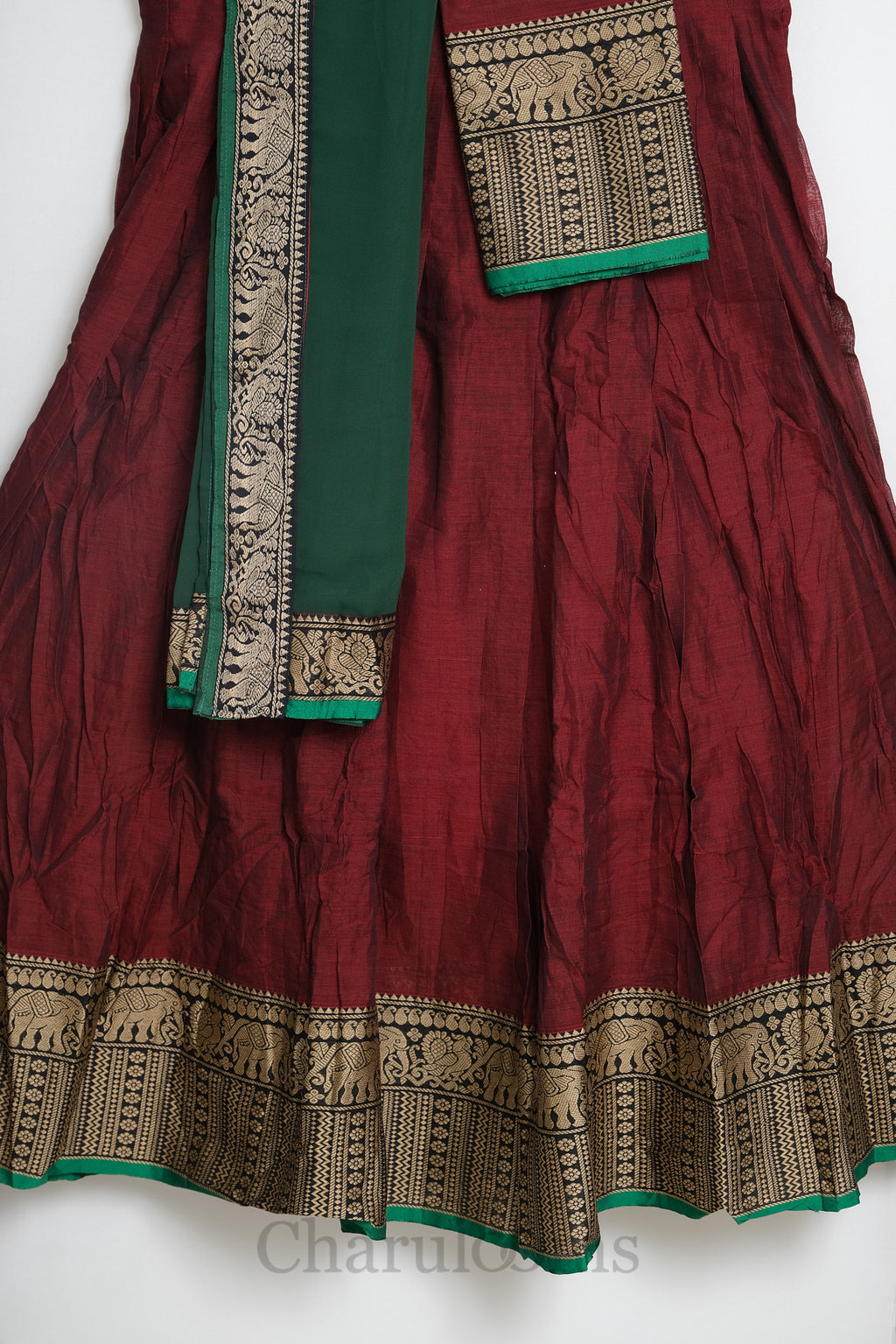 Maroon & Green Narayanpet Cotton Dhavani Set