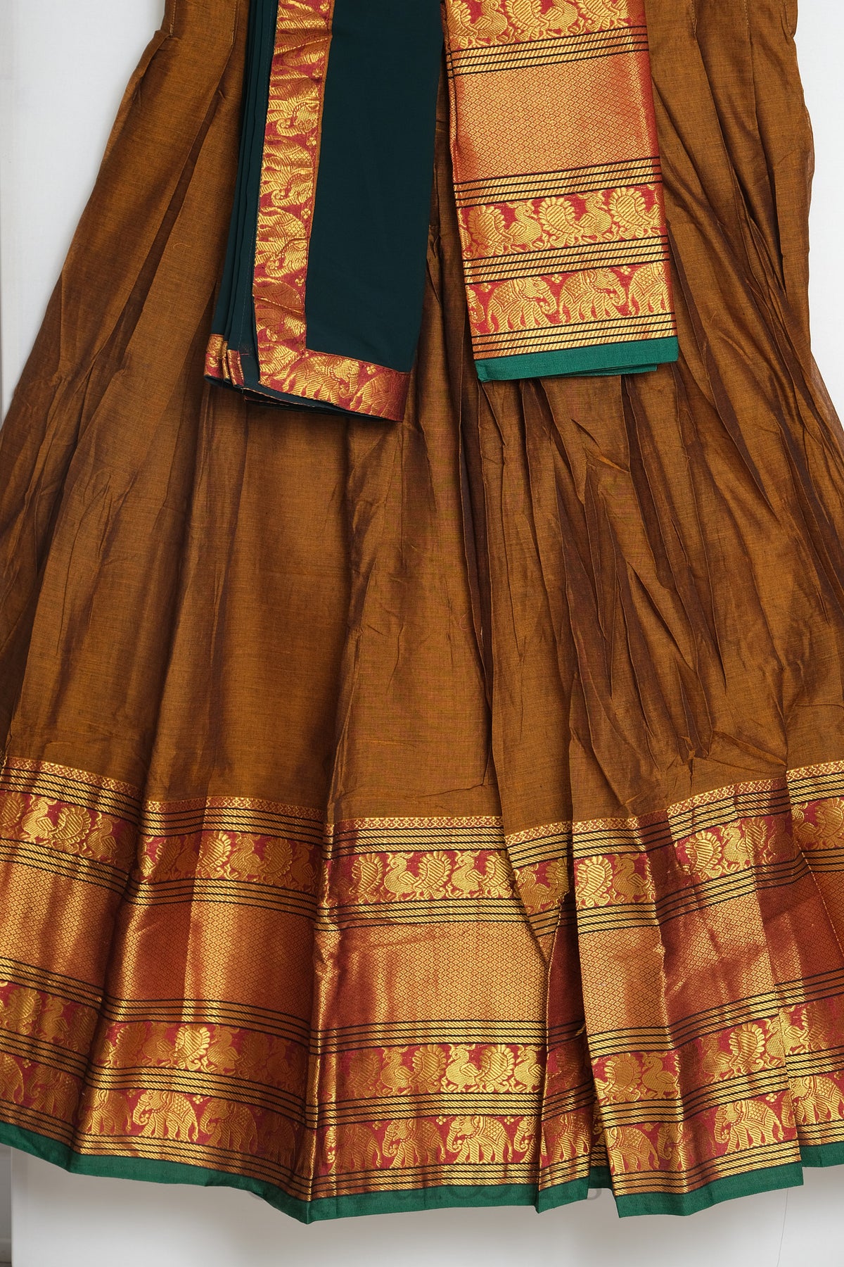 Mustard Brown & Peacock Green Narayanpet Cotton Dhavani Set
