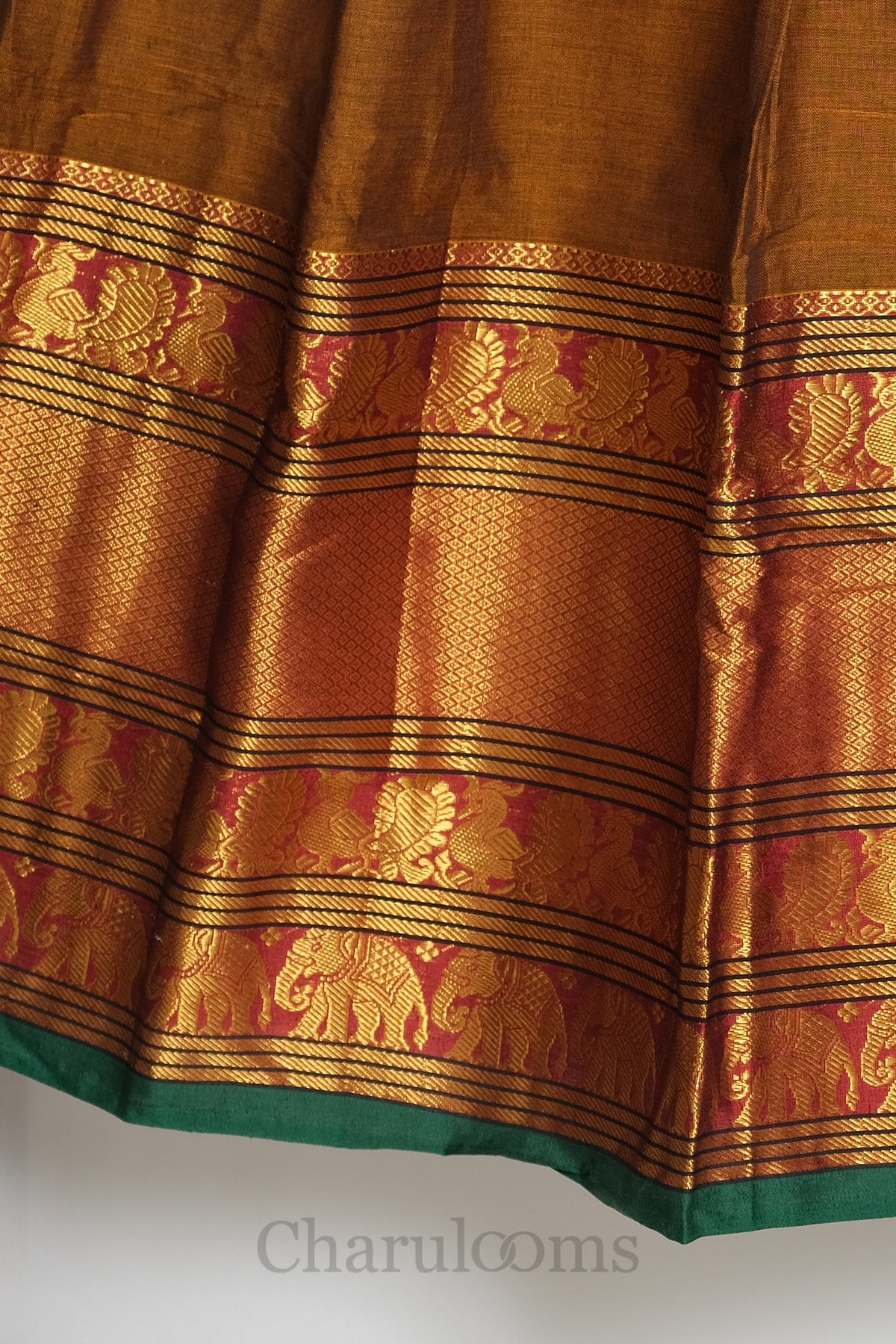 Mustard Brown & Peacock Green Narayanpet Cotton Dhavani Set