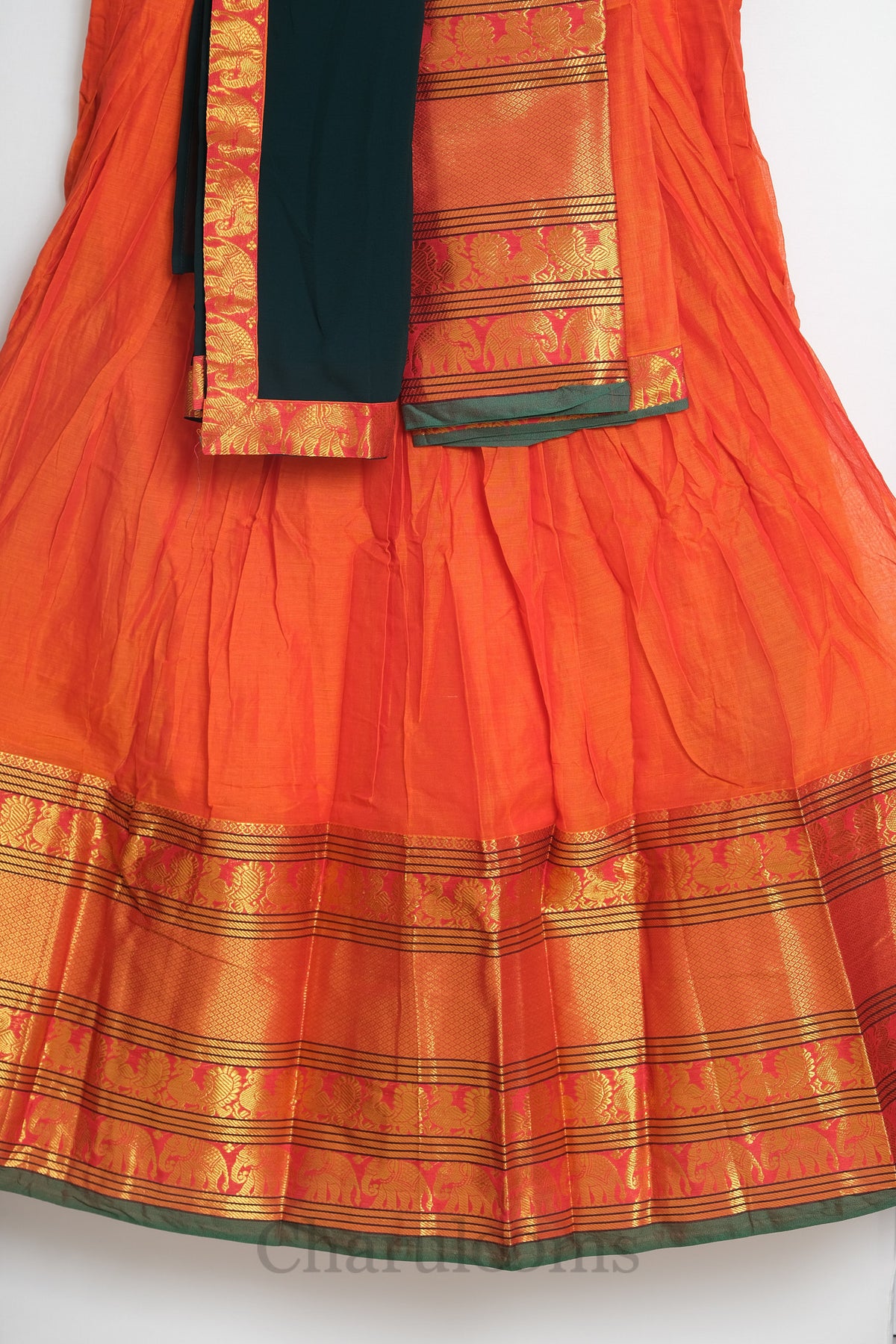 Orange & Bottle Green Narayanpet Cotton Dhavani Set