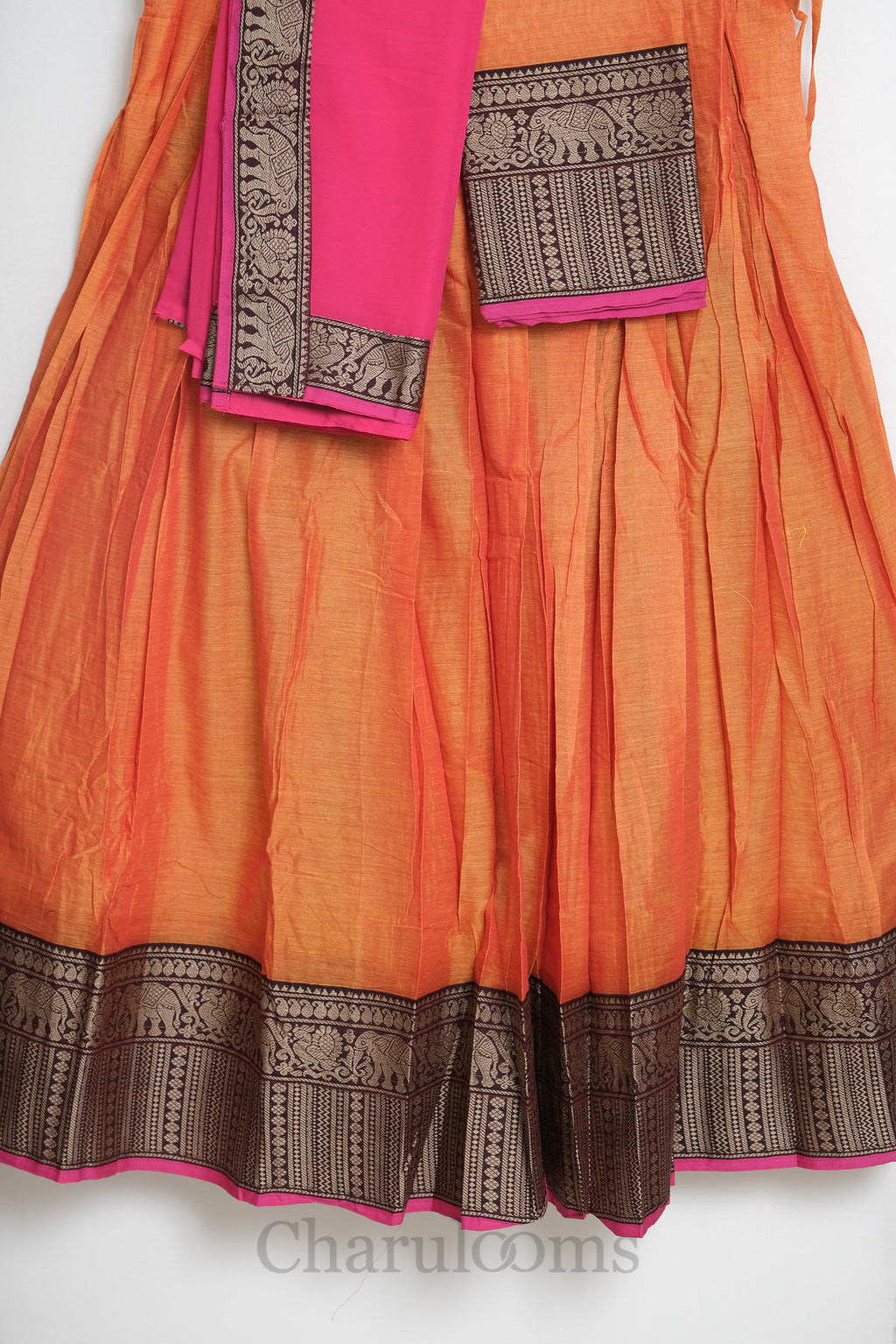 Orange & Pink Narayanpet Cotton Dhavani Set