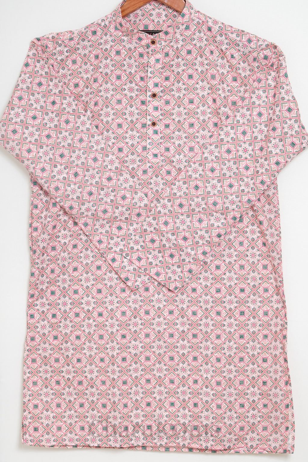Pink &amp; Green Geometric Print Men’s Short-Sleeve Kurta