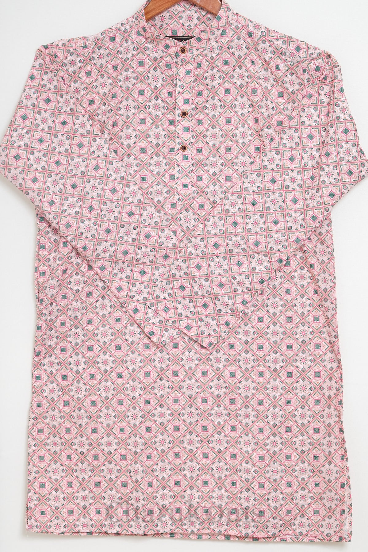 Pink &amp; Green Geometric Print Men’s Short-Sleeve Kurta