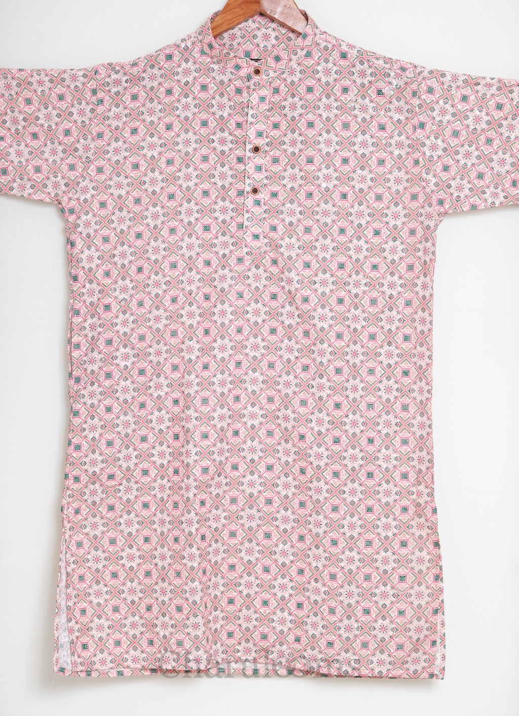 Pink &amp; Green Geometric Print Men’s Short-Sleeve Kurta