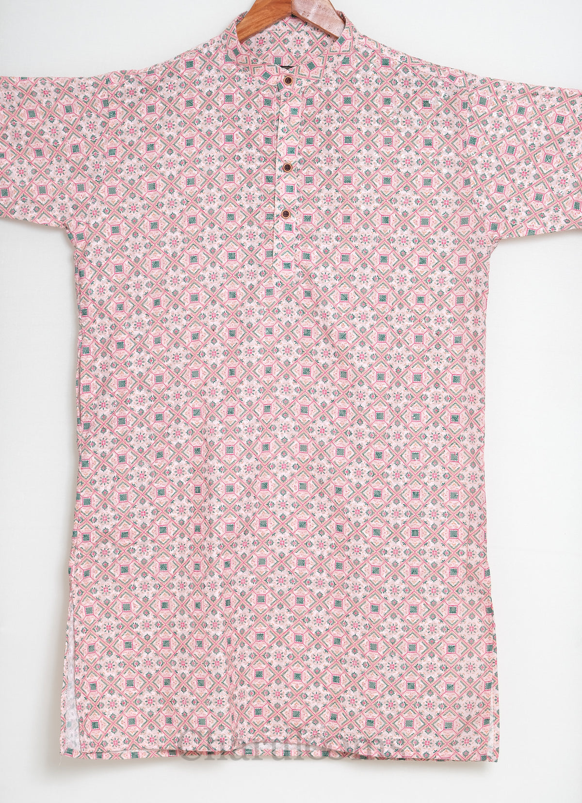 Pink &amp; Green Geometric Print Men’s Short-Sleeve Kurta