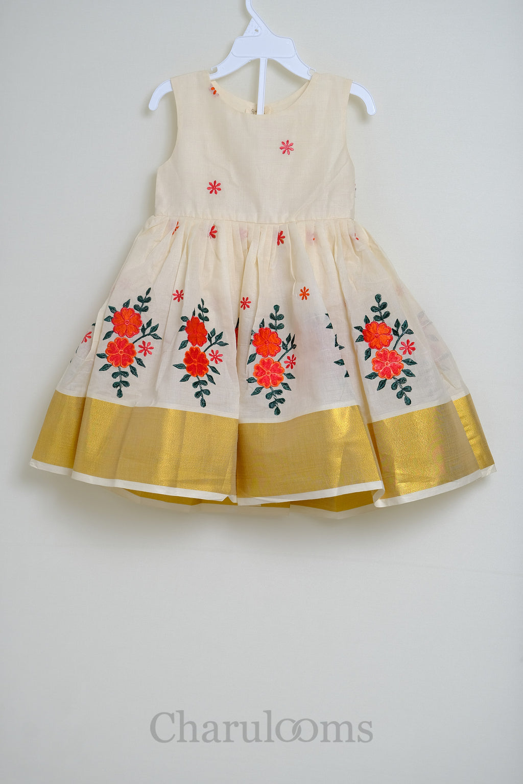 Girls Ivory Floral Embroidered Traditional Dress