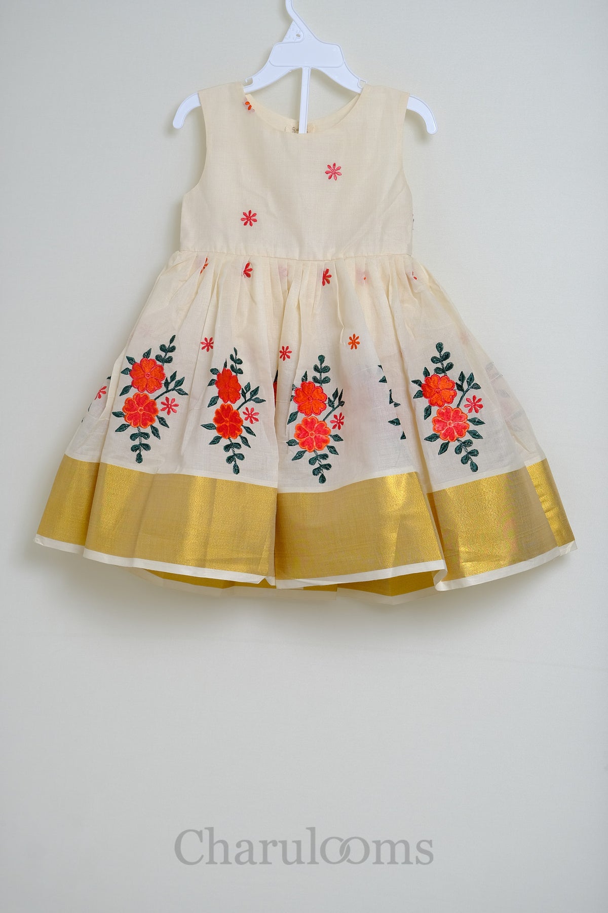 Girls Ivory Floral Embroidered Traditional Dress