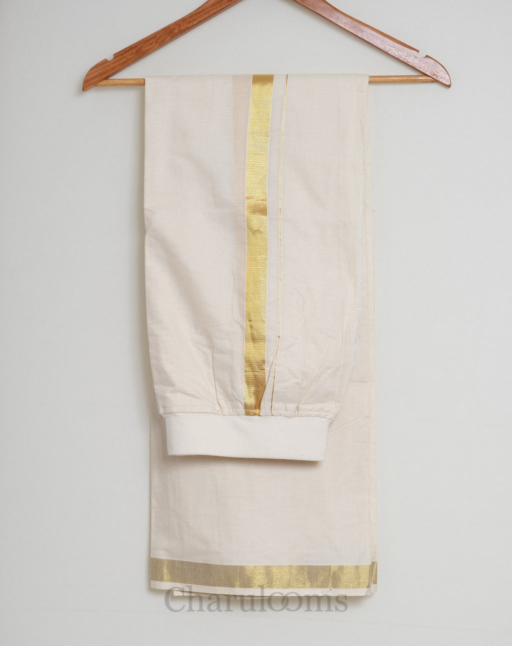 Ivory &amp; Gold Elastic Waist Stitched Men’s Mundu