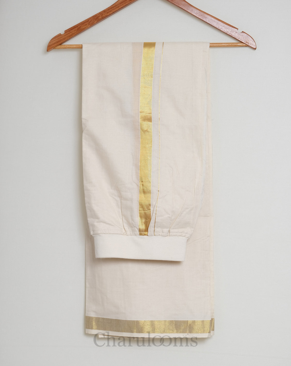 Ivory &amp; Gold Elastic Waist Stitched Men’s Mundu