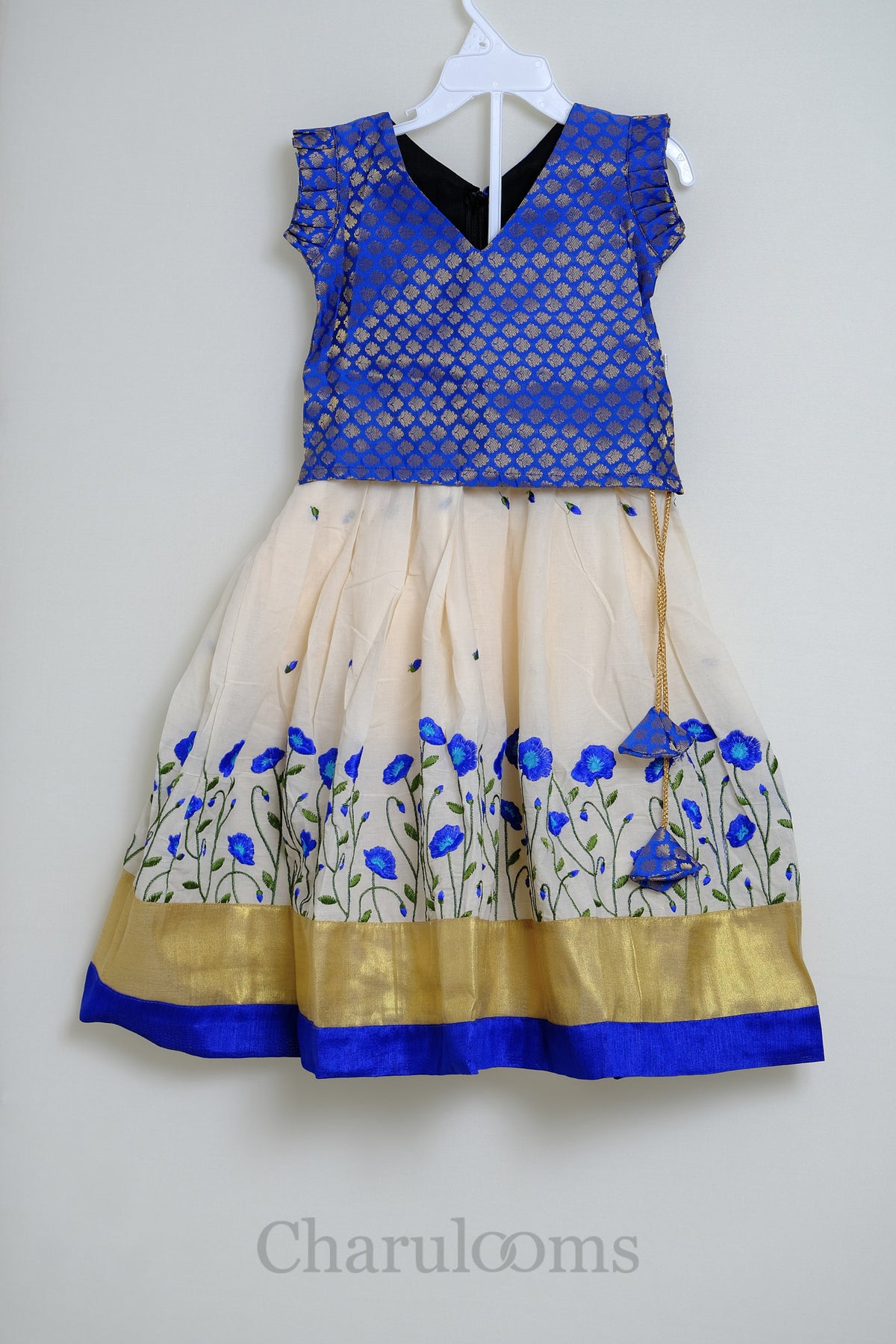 Girls Royal Blue & Ivory Embroidered Traditional Skirt & Top Set