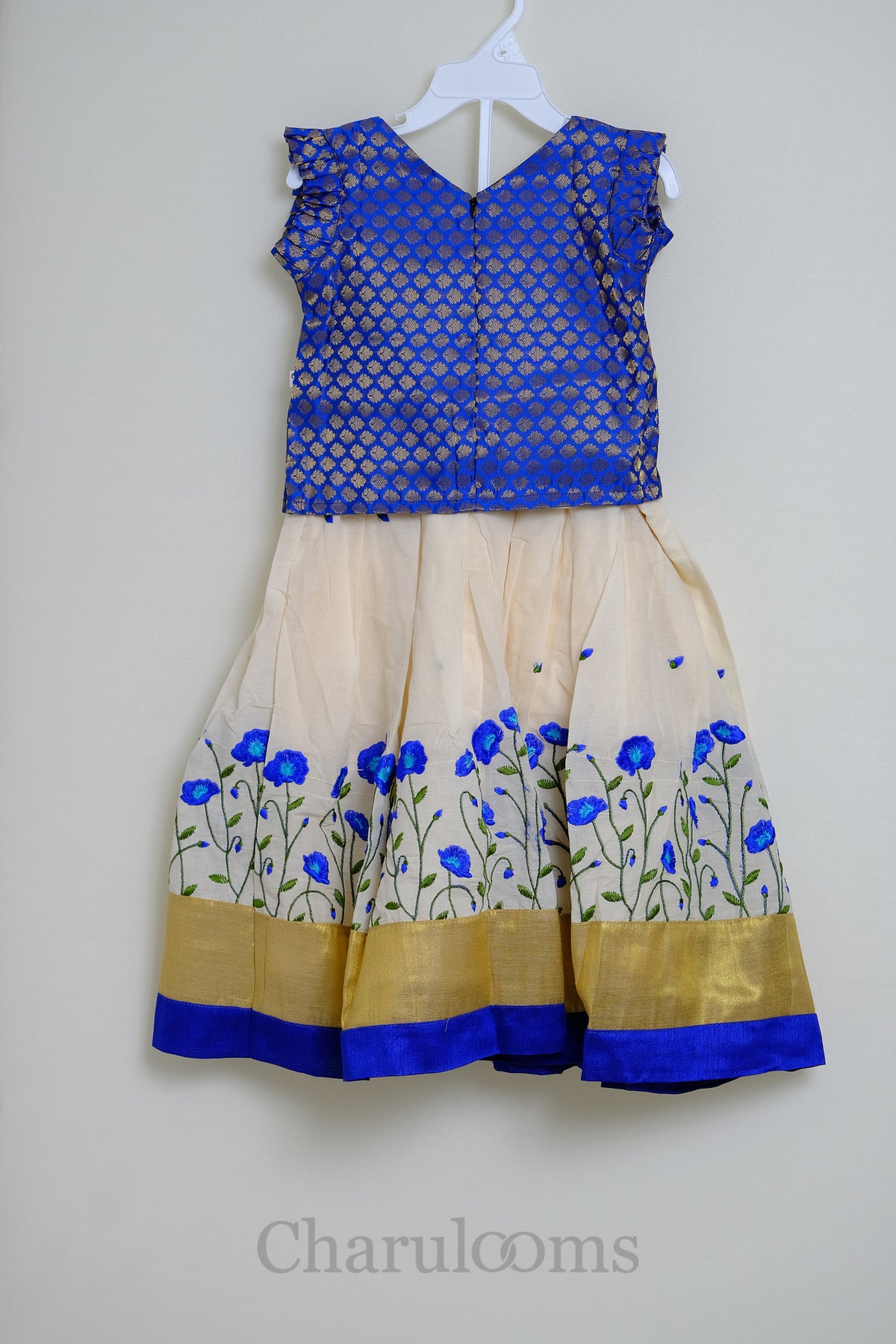 Girls Royal Blue & Ivory Embroidered Traditional Skirt & Top Set