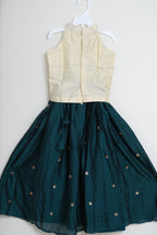 Ivory & Deep Teal Lotus Embroidered Pattu Pavada Set