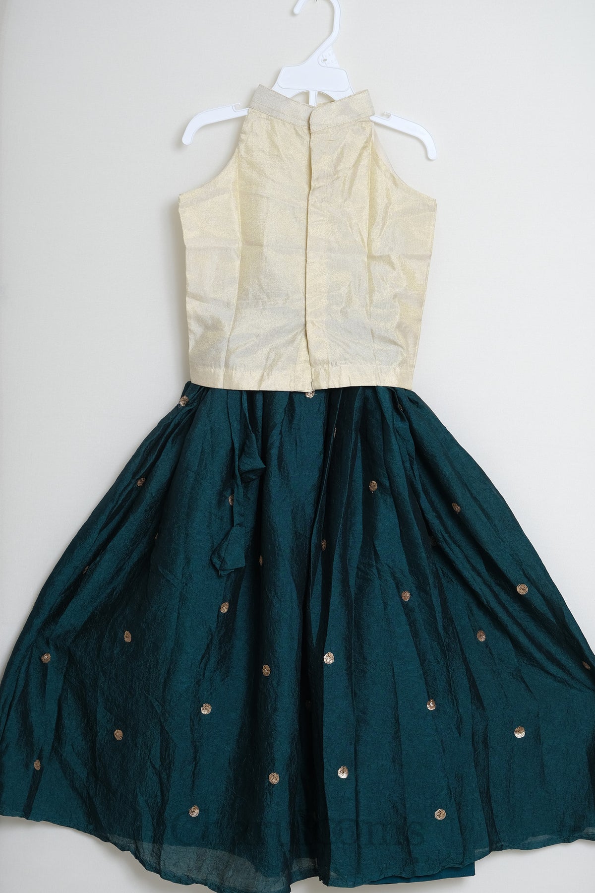 Ivory & Deep Teal Lotus Embroidered Pattu Pavada Set