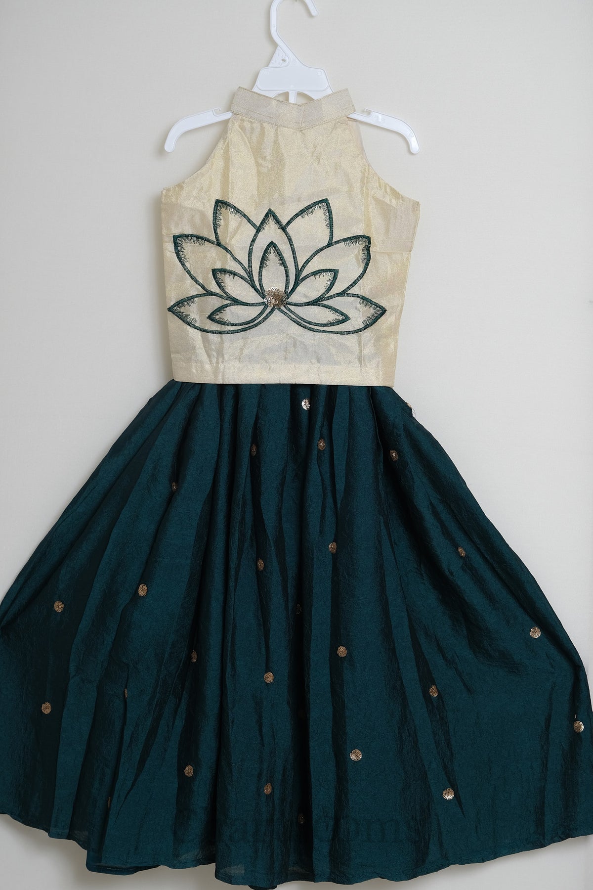 Ivory & Deep Teal Lotus Embroidered Pattu Pavada Set