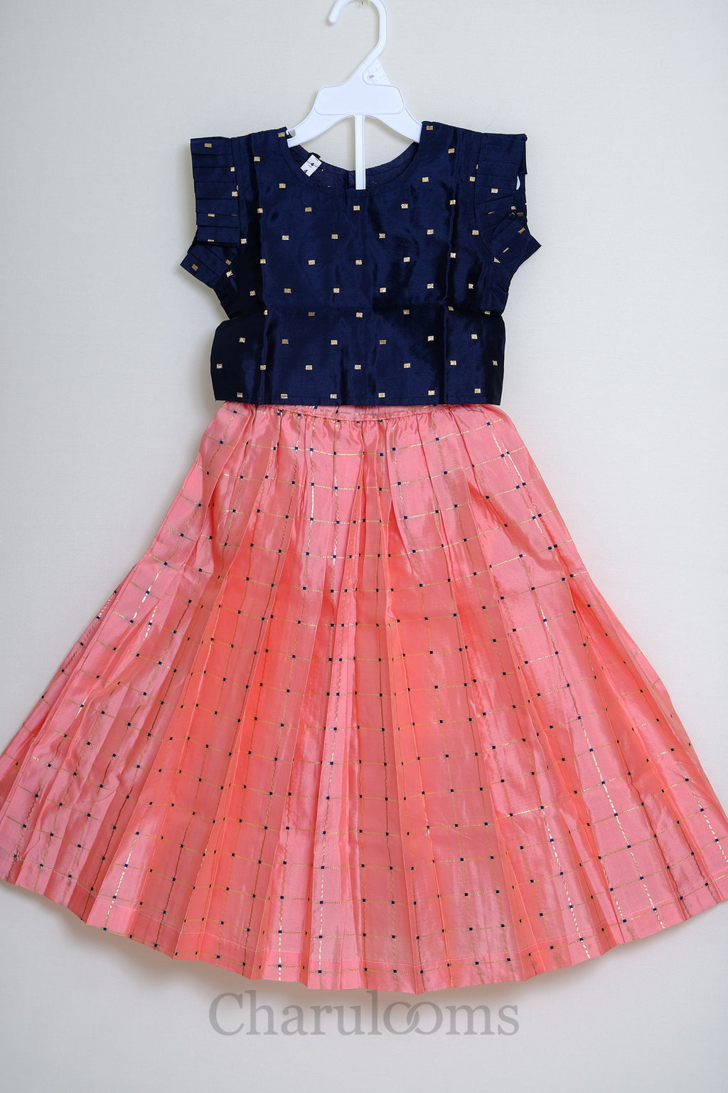 Coral Pink & Navy Blue Checked Pattu Pavada Set