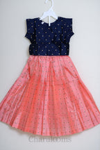 Coral Pink & Navy Blue Checked Pattu Pavada Set