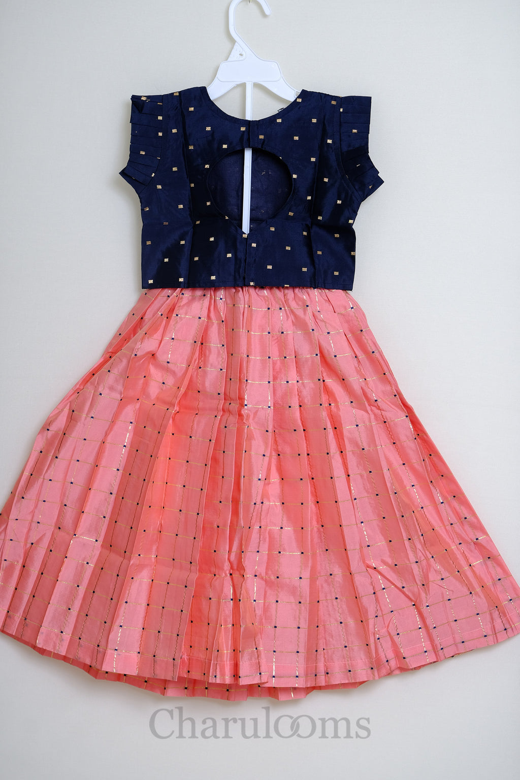 Coral Pink & Navy Blue Checked Pattu Pavada Set