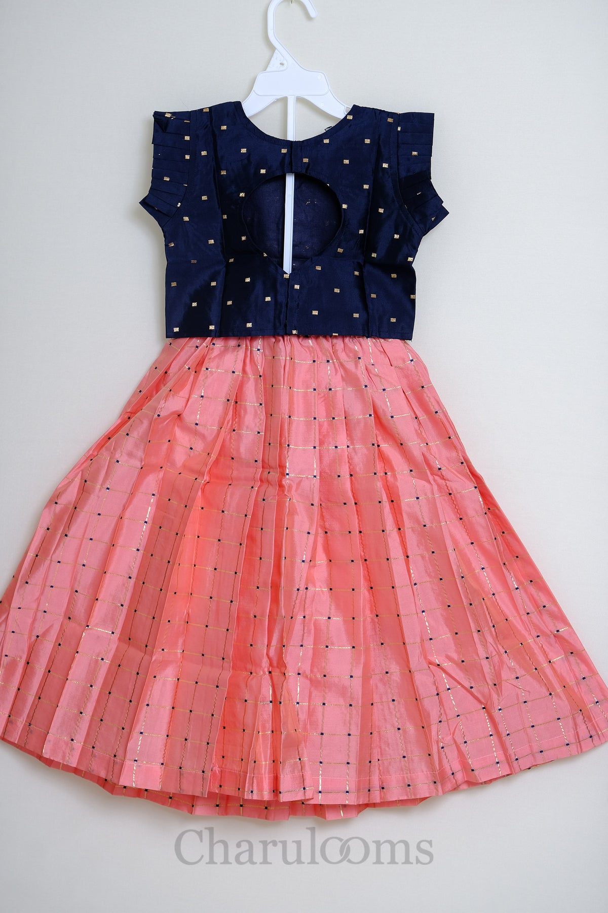 Coral Pink & Navy Blue Checked Pattu Pavada Set