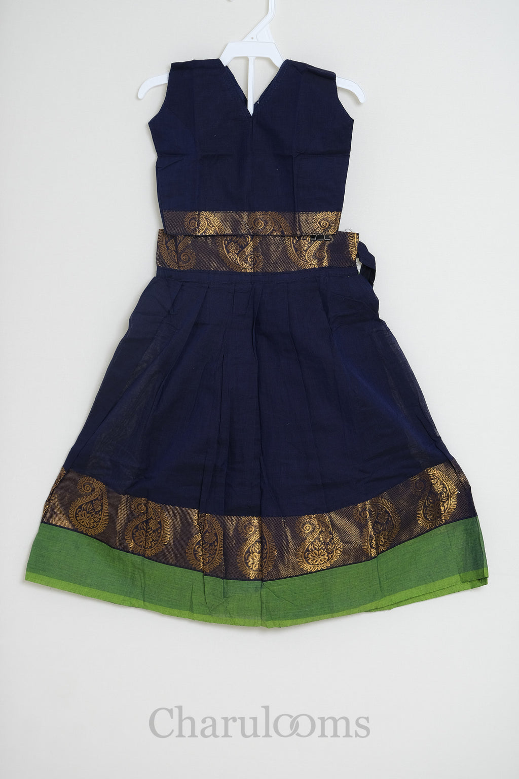 Navy Blue & Green Paisley Border Pattu Pavada Set