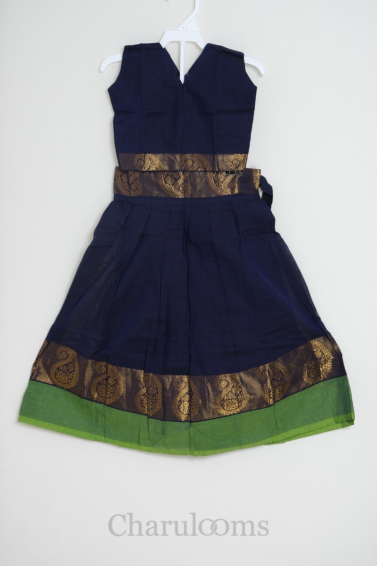 Navy Blue & Green Paisley Border Pattu Pavada Set