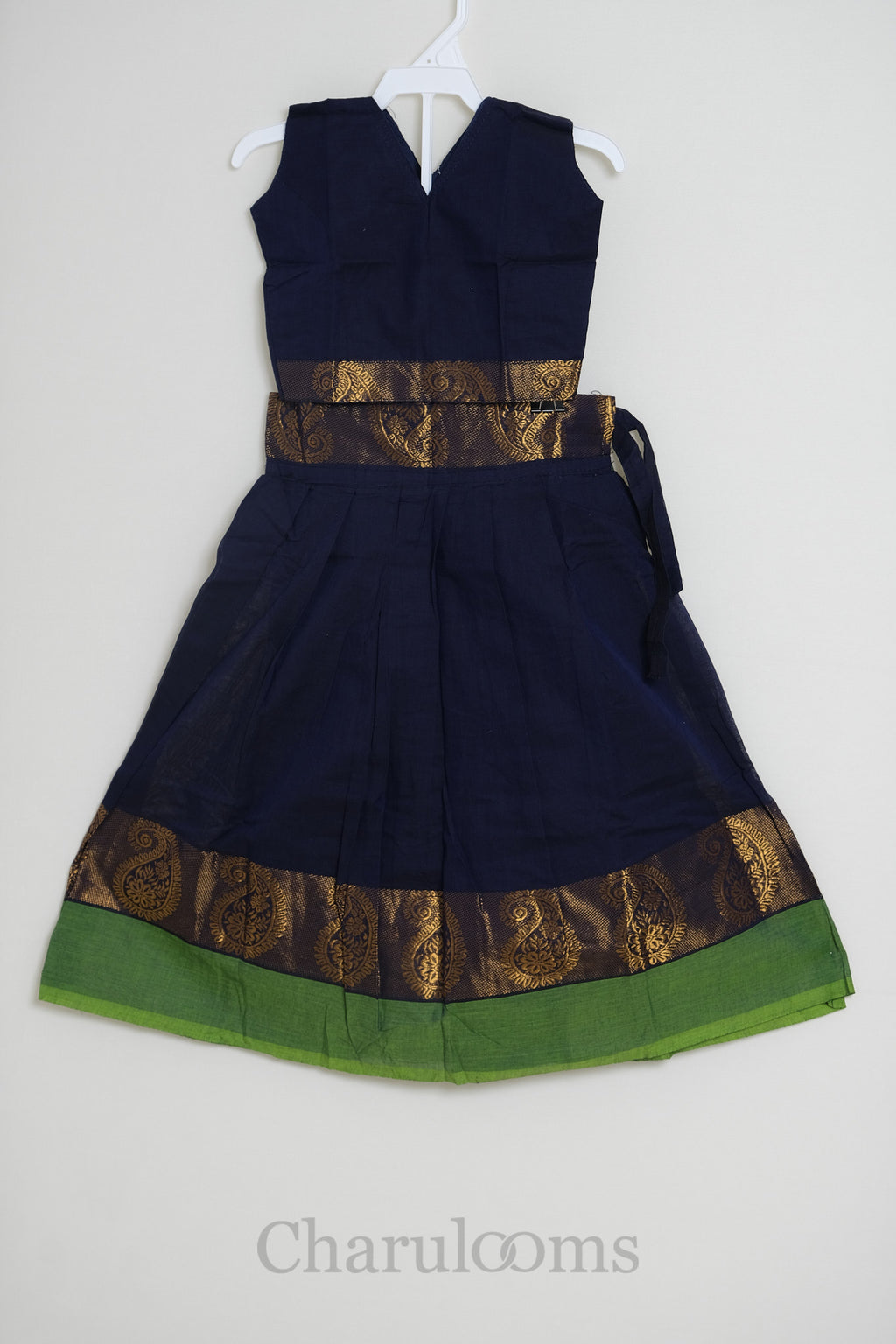Navy Blue & Green Paisley Border Pattu Pavada Set