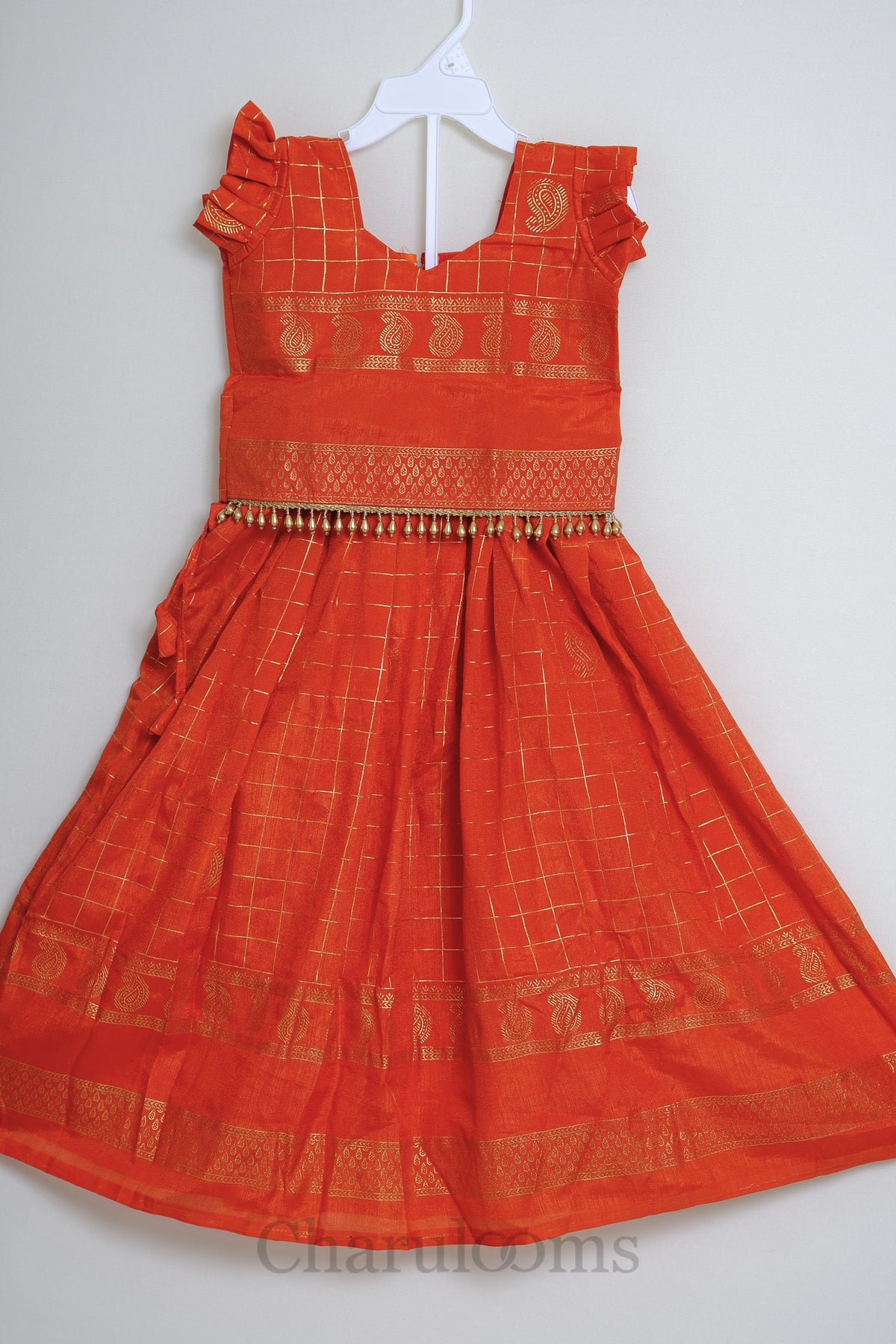 Orange Gold Check Pattu Pavada Set with Paisley Border