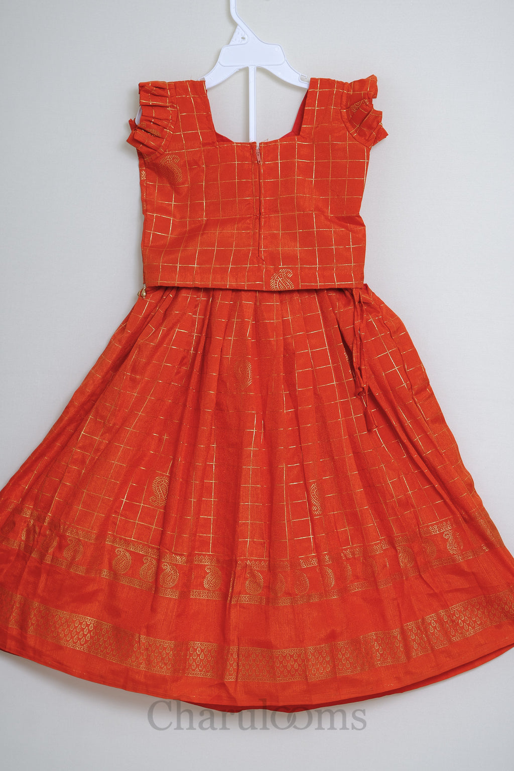 Orange Gold Check Pattu Pavada Set with Paisley Border