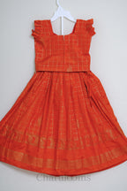 Orange Gold Check Pattu Pavada Set with Paisley Border