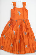 Orange Bird Embroidered Pattu Pavada Set