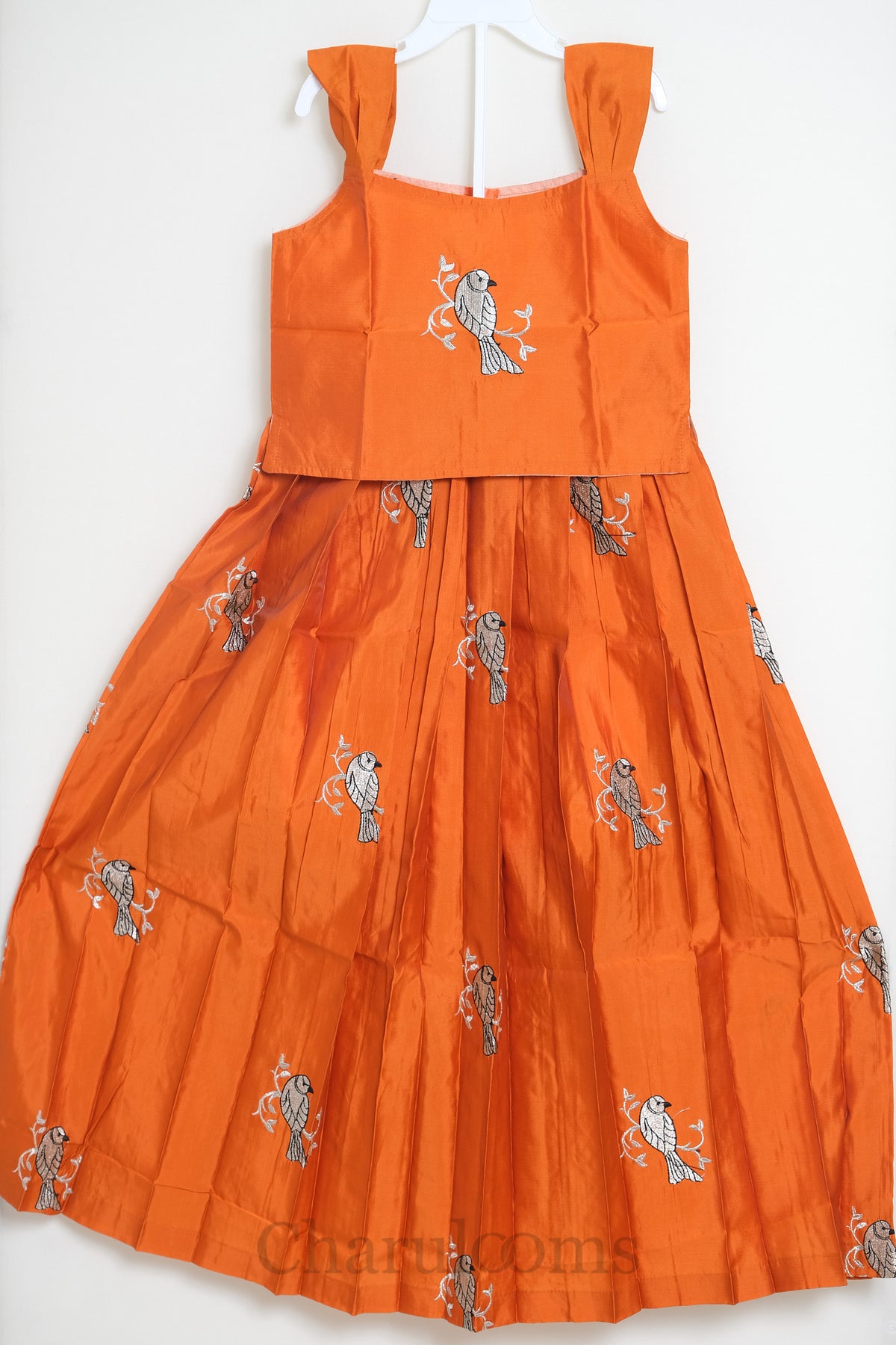 Orange Bird Embroidered Pattu Pavada Set