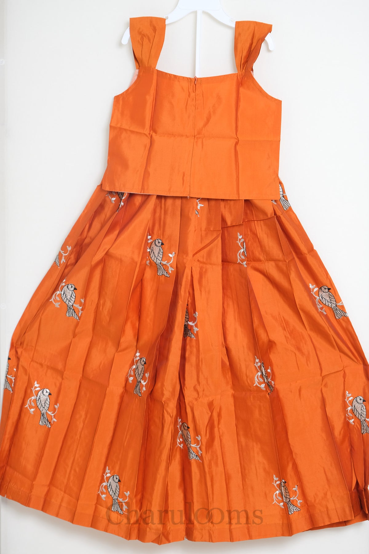 Orange Bird Embroidered Pattu Pavada Set