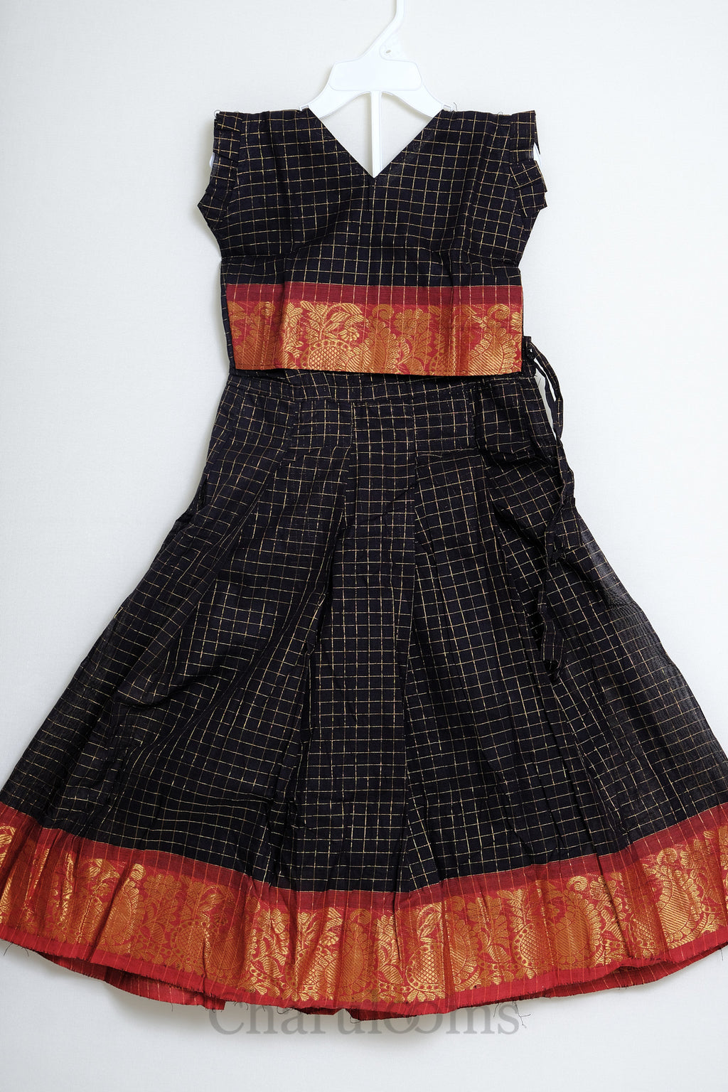 Black & Red Checked Pattu Pavada with Gold Zari Border