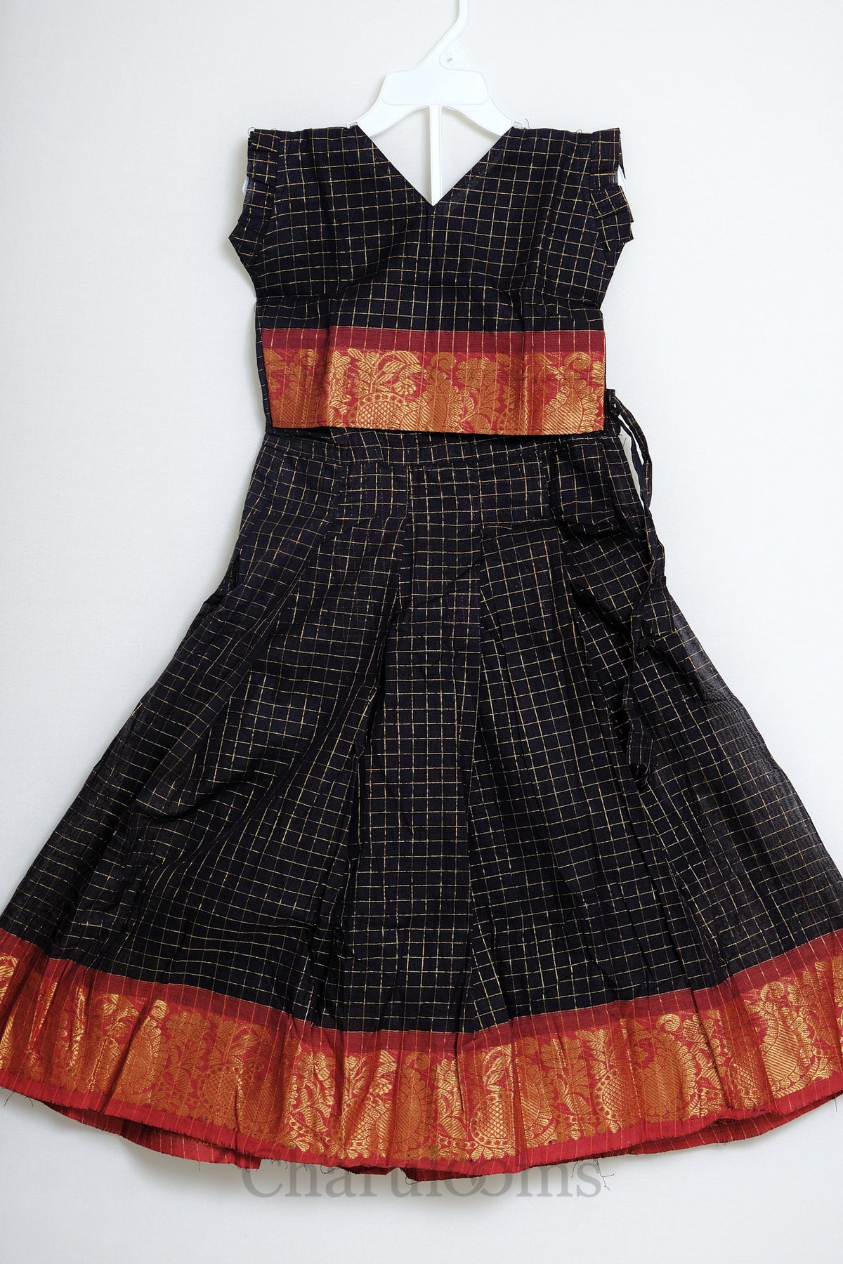 Black & Red Checked Pattu Pavada with Gold Zari Border