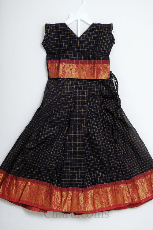 Black & Red Checked Pattu Pavada with Gold Zari Border