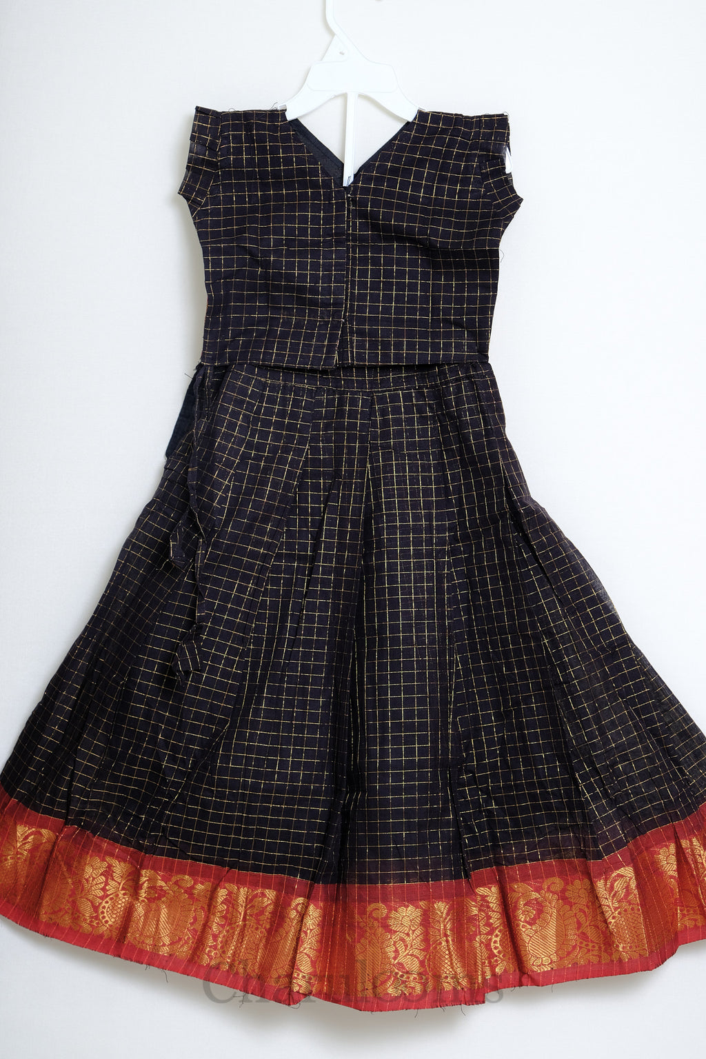 Black & Red Checked Pattu Pavada with Gold Zari Border
