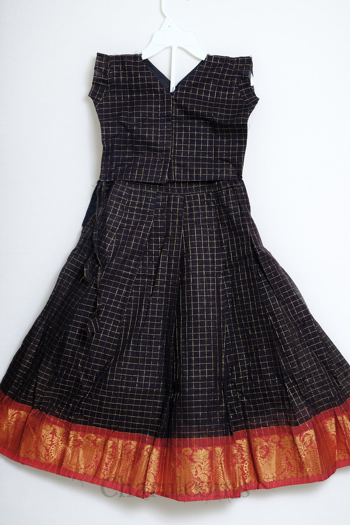 Black & Red Checked Pattu Pavada with Gold Zari Border