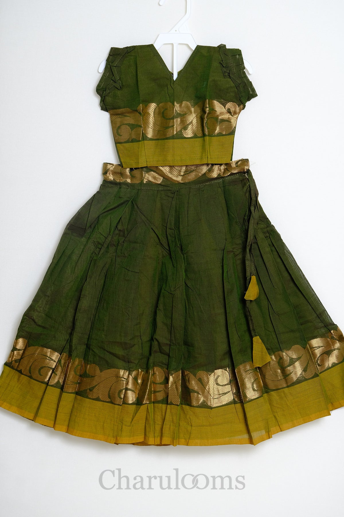 Olive Green Pattu Pavada with Gold Zari Border