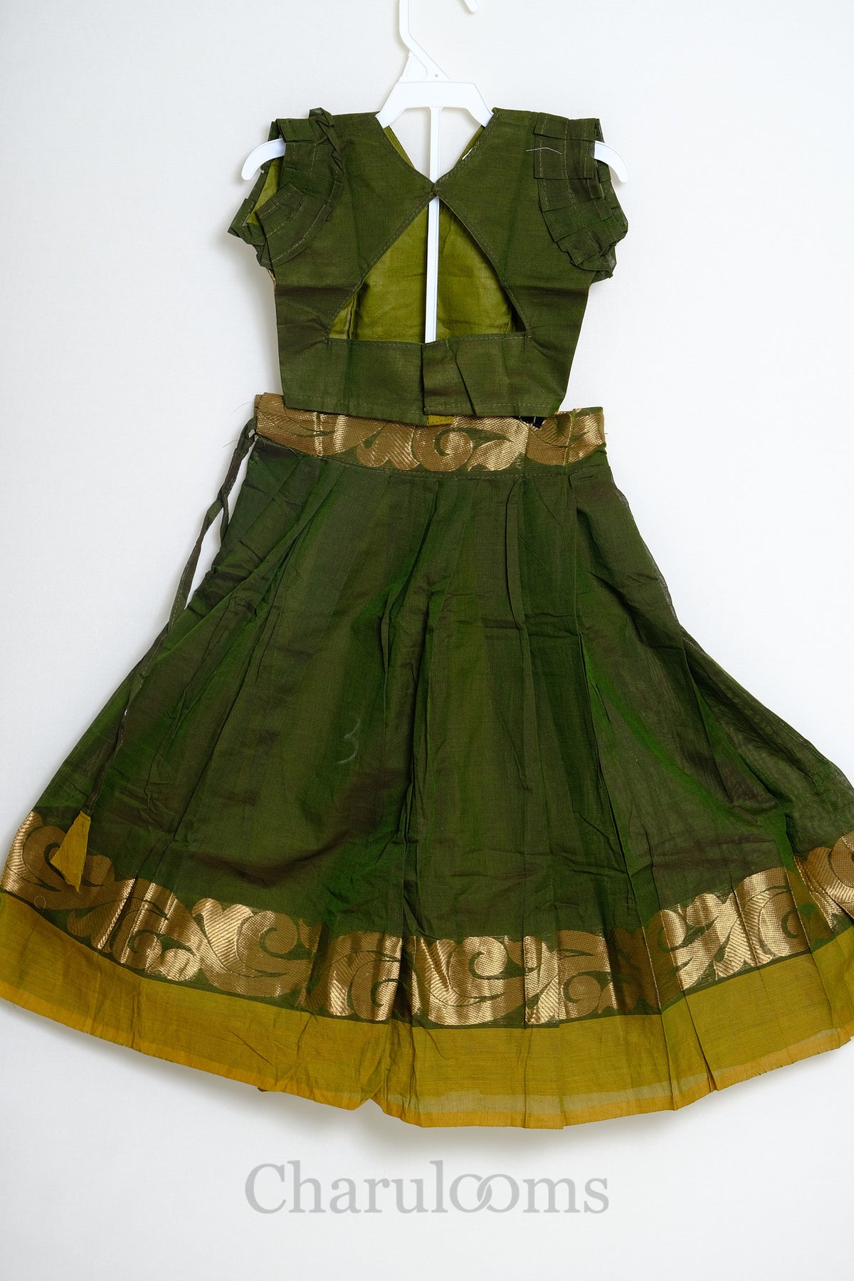 Olive Green Pattu Pavada with Gold Zari Border