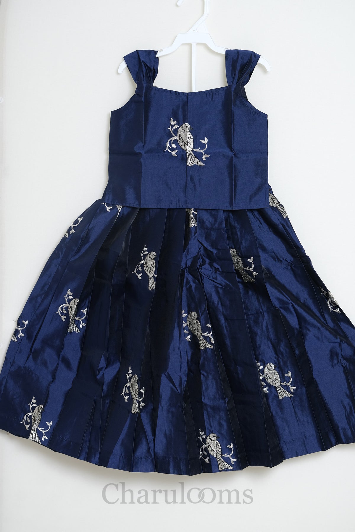 Navy Blue Bird Embroidered Pattu Pavada