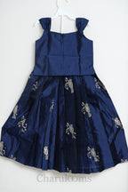Navy Blue Bird Embroidered Pattu Pavada