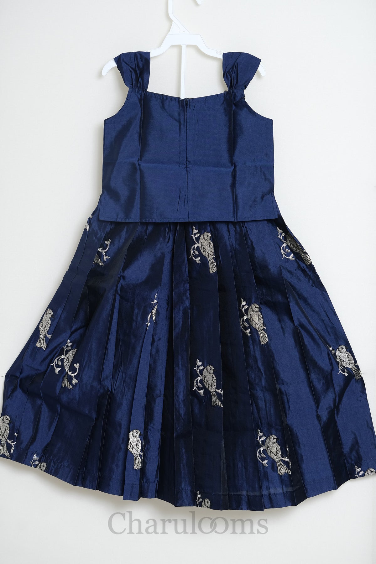 Navy Blue Bird Embroidered Pattu Pavada
