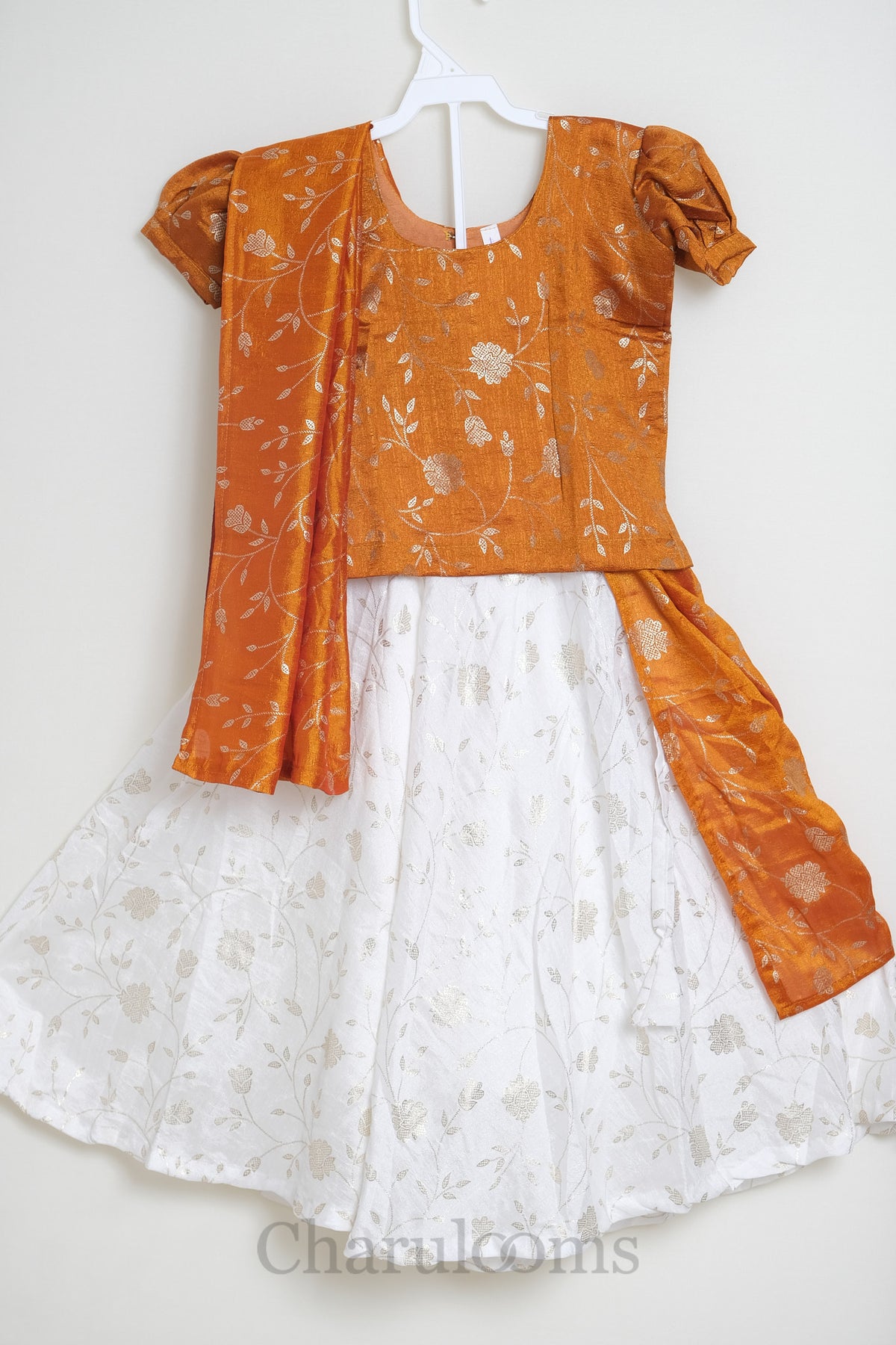Burnt Orange & Ivory Floral Pattu Pavada with Dupatta