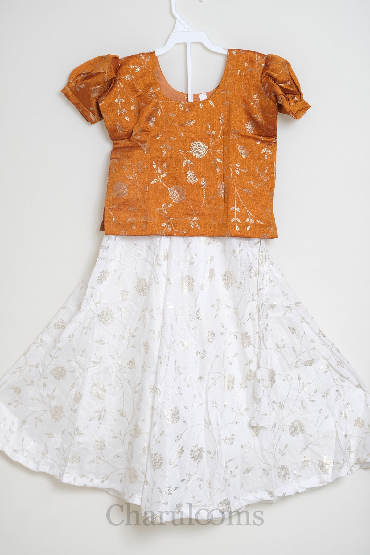 Burnt Orange & Ivory Floral Pattu Pavada with Dupatta