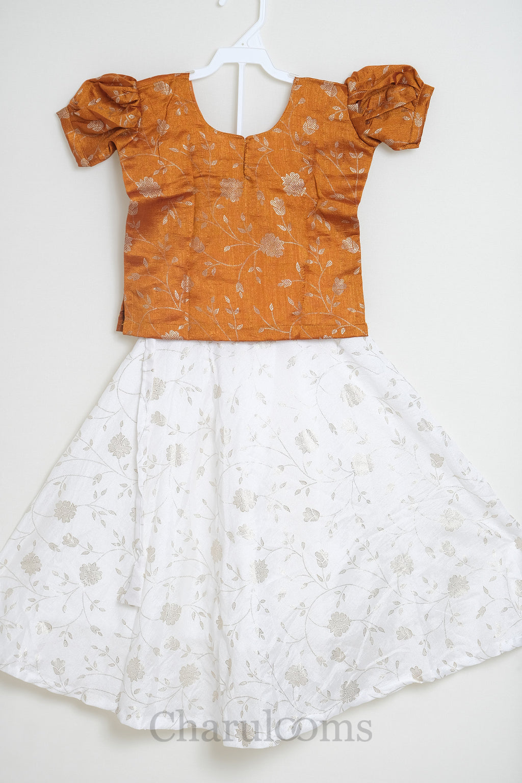Burnt Orange & Ivory Floral Pattu Pavada with Dupatta