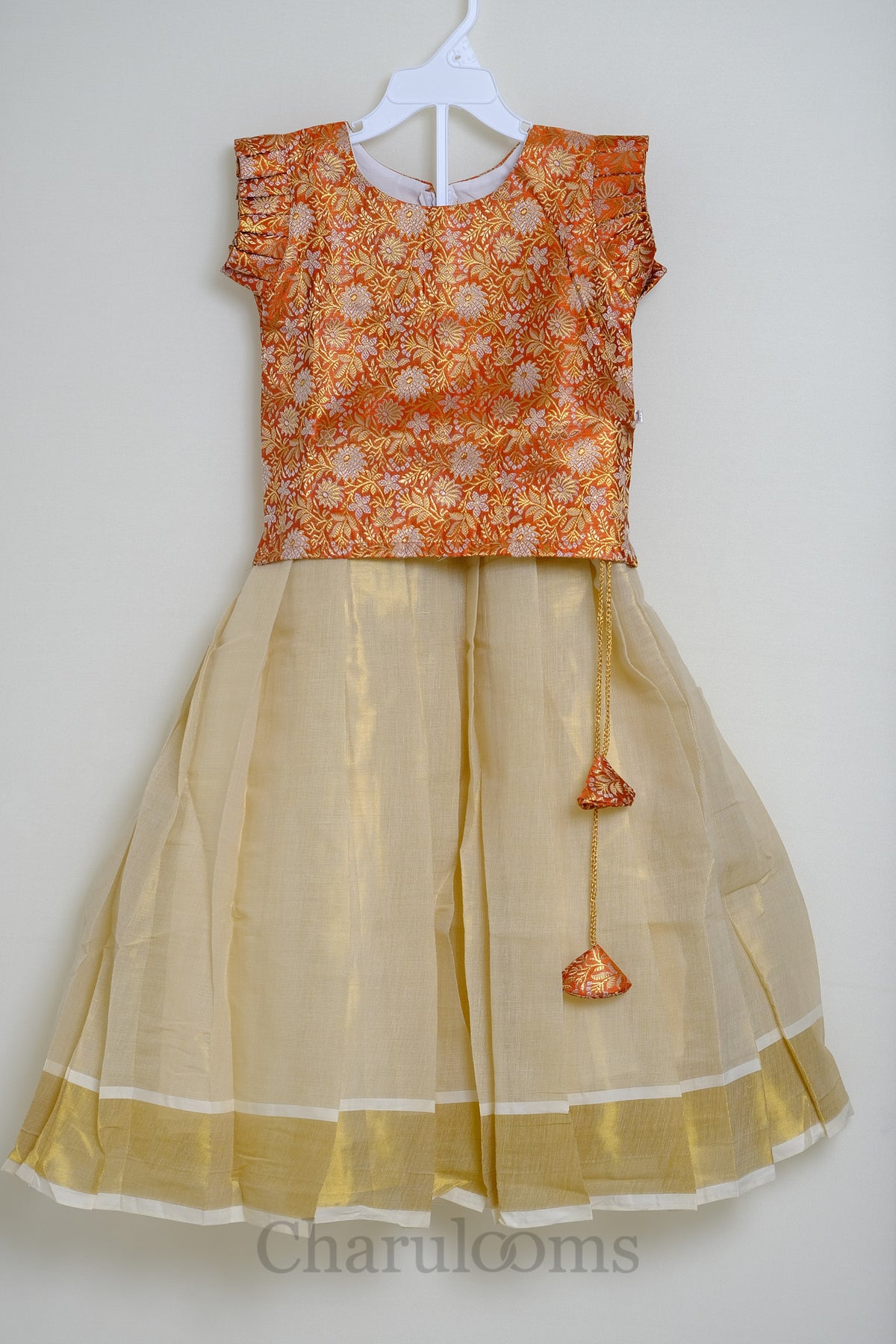 Girls Orange & Ivory Brocade Traditional Skirt & Top Set