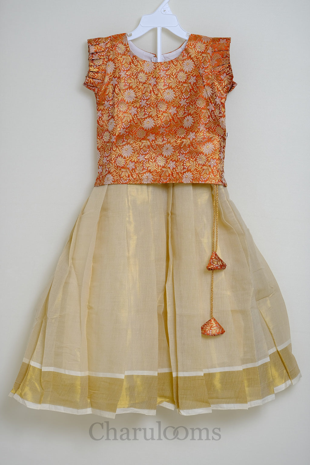 Girls Orange & Ivory Brocade Traditional Skirt & Top Set