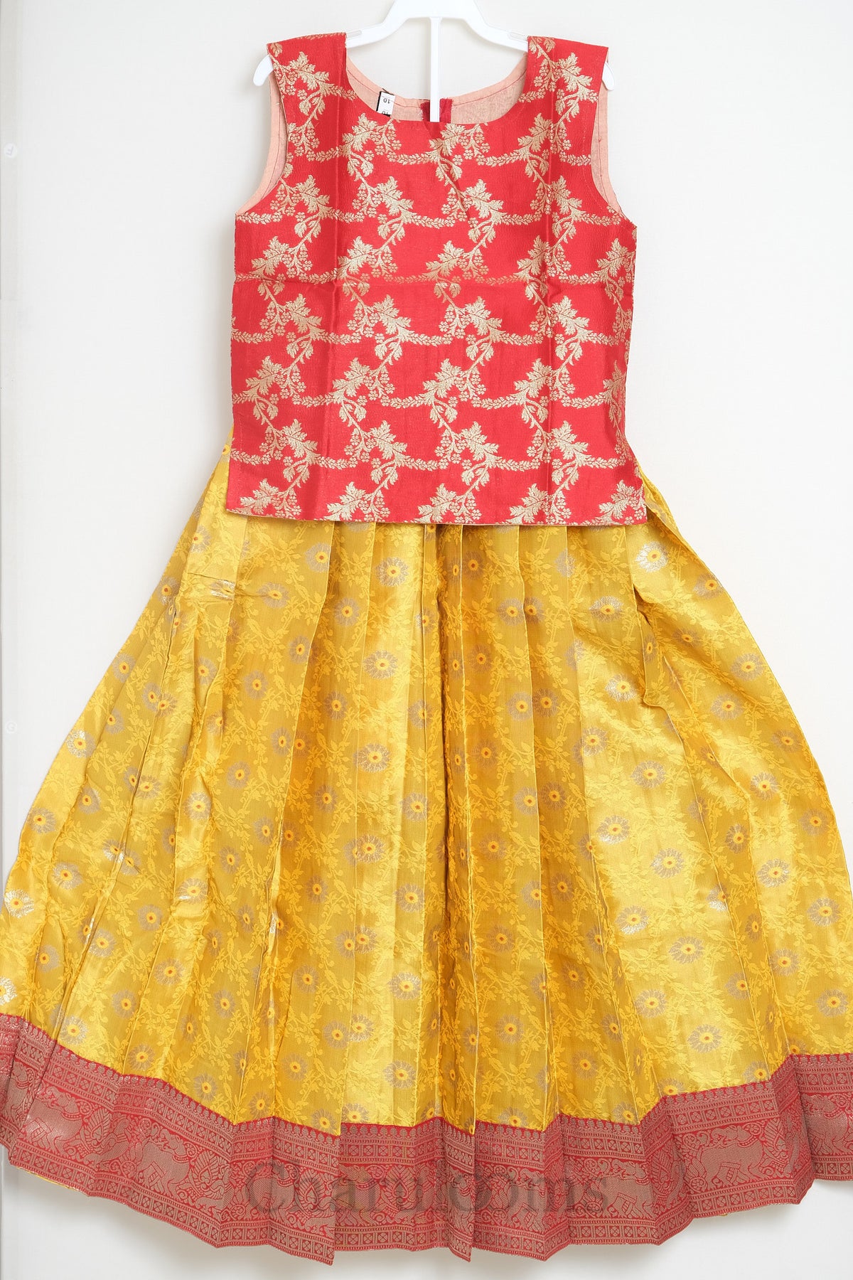 Red & Mustard Yellow Pattu Pavada