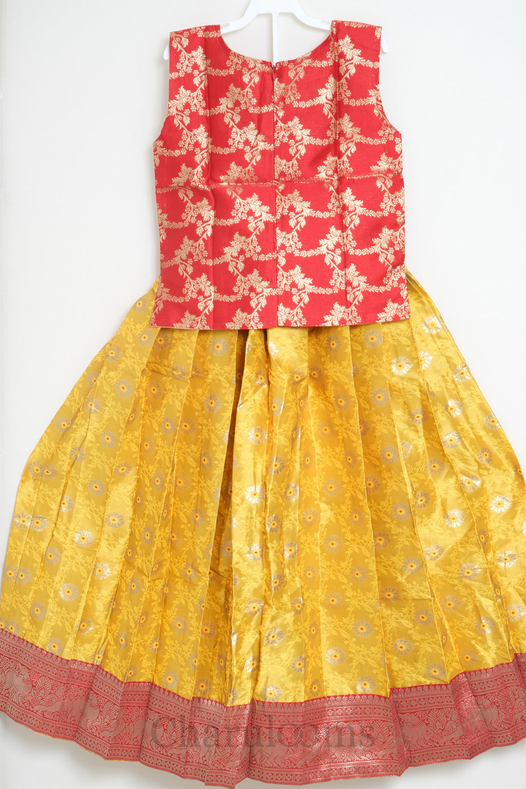 Red & Mustard Yellow Pattu Pavada
